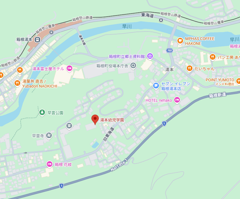 湯本幼児学園から小田原湯本カントリークラブへの経路（車で約5分）